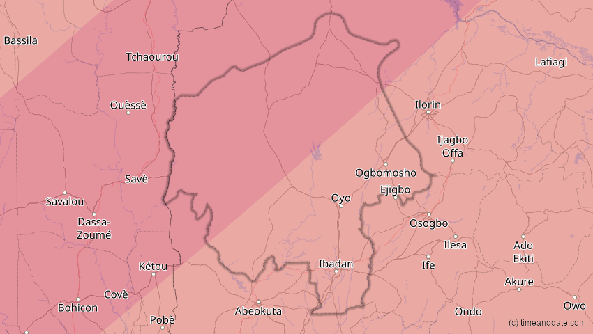 A map of Oyo, Nigeria, showing the path of the 29. Mär 2006 Totale Sonnenfinsternis