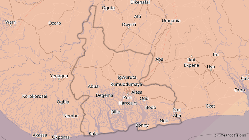 A map of Rivers, Nigeria, showing the path of the 29. Mär 2006 Totale Sonnenfinsternis