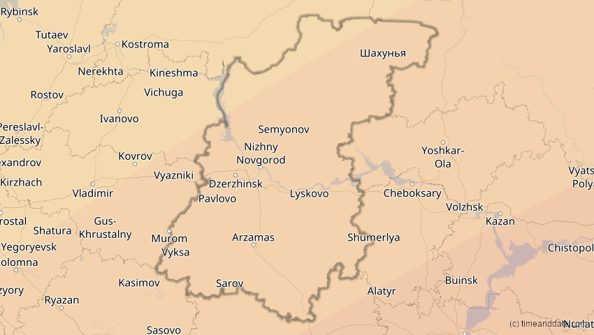 A map of Nischni Nowgorod, Russland, showing the path of the 29. Mär 2006 Totale Sonnenfinsternis