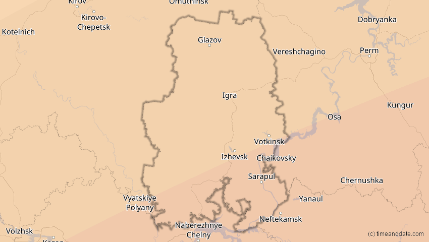 A map of Udmurtien, Russland, showing the path of the 29. Mär 2006 Totale Sonnenfinsternis