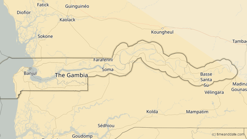 A map of Gambia, showing the path of the 22. Sep 2006 Ringförmige Sonnenfinsternis