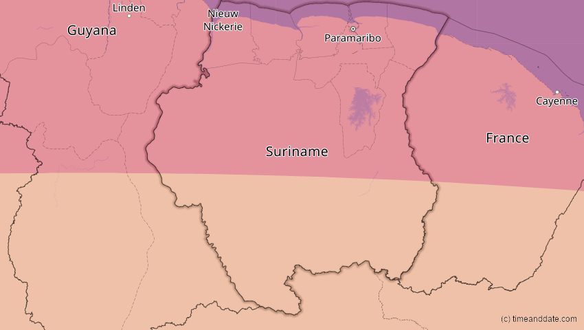 A map of Suriname, showing the path of the 22. Sep 2006 Ringförmige Sonnenfinsternis