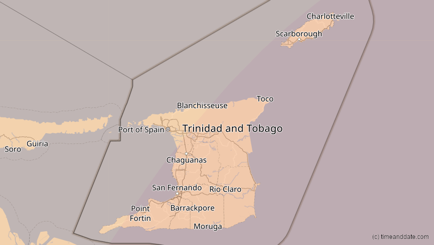 A map of Trinidad und Tobago, showing the path of the 22. Sep 2006 Ringförmige Sonnenfinsternis