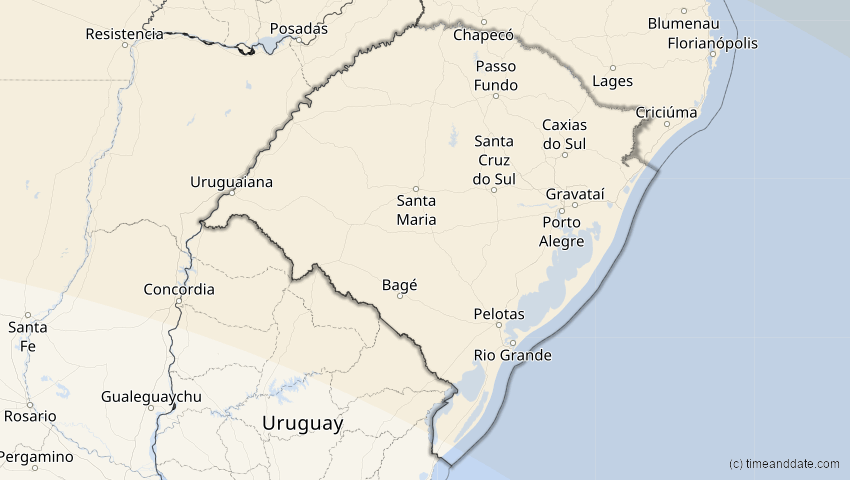 A map of Rio Grande do Sul, Brasilien, showing the path of the 22. Sep 2006 Ringförmige Sonnenfinsternis