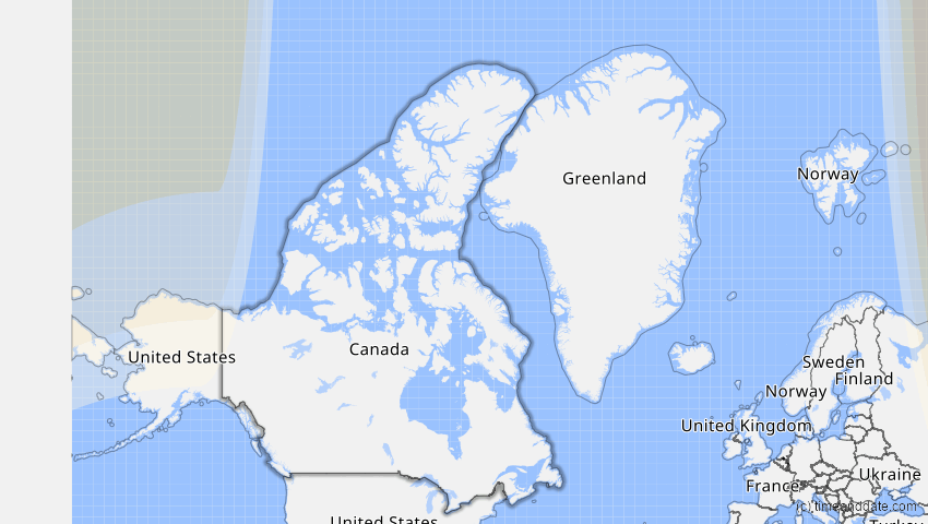 A map of Kanada, showing the path of the 18–19. Mär 2007 Partielle Sonnenfinsternis