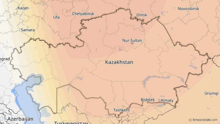 A map of Kasachstan, showing the path of the 19. Mär 2007 Partielle Sonnenfinsternis