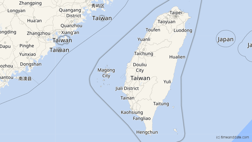 A map of Taiwan, showing the path of the 19. Mär 2007 Partielle Sonnenfinsternis