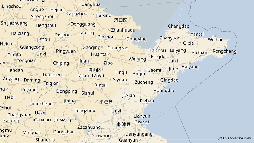 A map of Shandong, China, showing the path of the 19. Mär 2007 Partielle Sonnenfinsternis