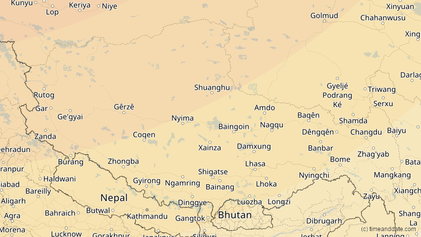 A map of Tibet, China, showing the path of the 19. Mär 2007 Partielle Sonnenfinsternis