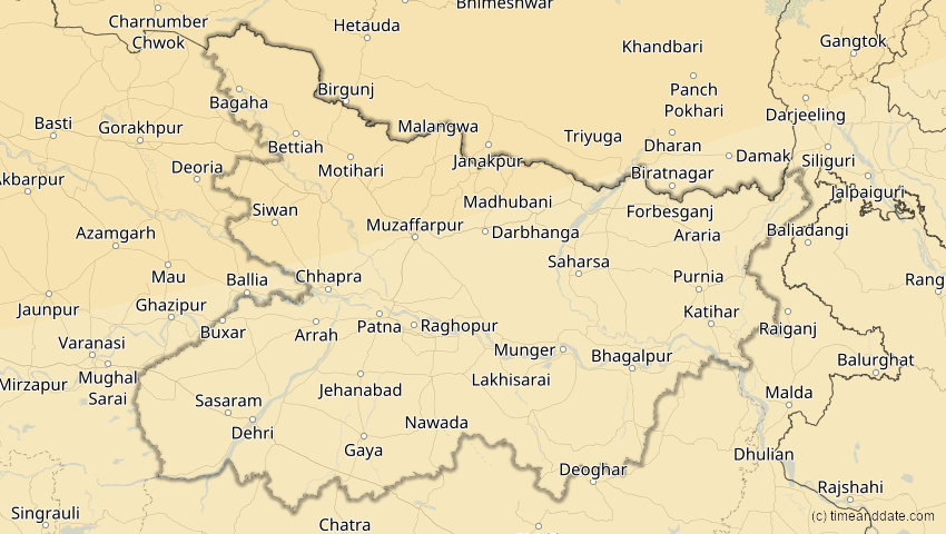 A map of Bihar, Indien, showing the path of the 19. Mär 2007 Partielle Sonnenfinsternis