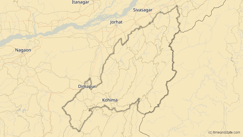 A map of Nagaland, Indien, showing the path of the 19. Mär 2007 Partielle Sonnenfinsternis