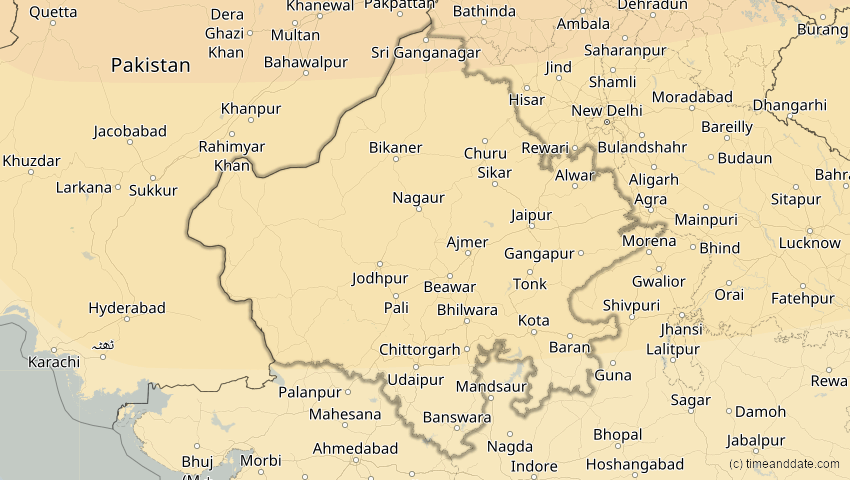 A map of Rajasthan, Indien, showing the path of the 19. Mär 2007 Partielle Sonnenfinsternis