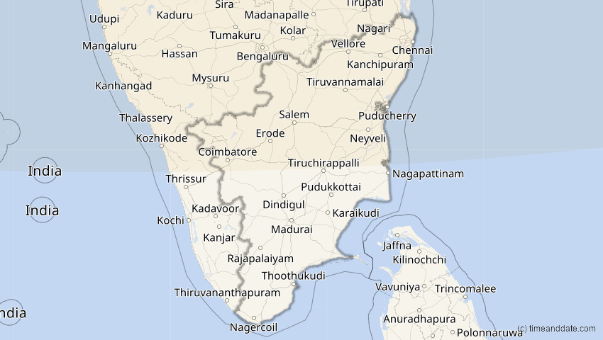A map of Tamil Nadu, Indien, showing the path of the 19. Mär 2007 Partielle Sonnenfinsternis