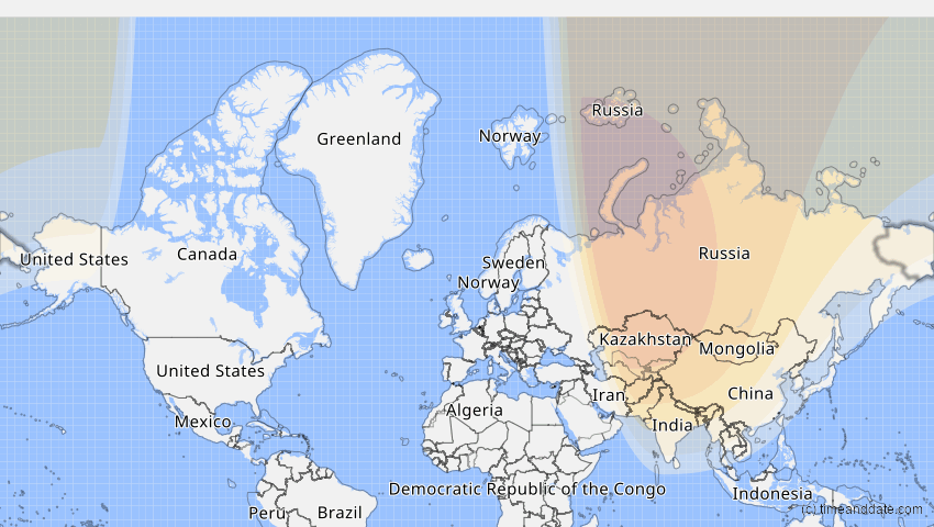 A map of Tschukotka, Russland, showing the path of the 19. Mär 2007 Partielle Sonnenfinsternis