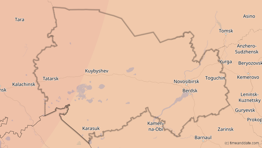 A map of Nowosibirsk, Russland, showing the path of the 19. Mär 2007 Partielle Sonnenfinsternis