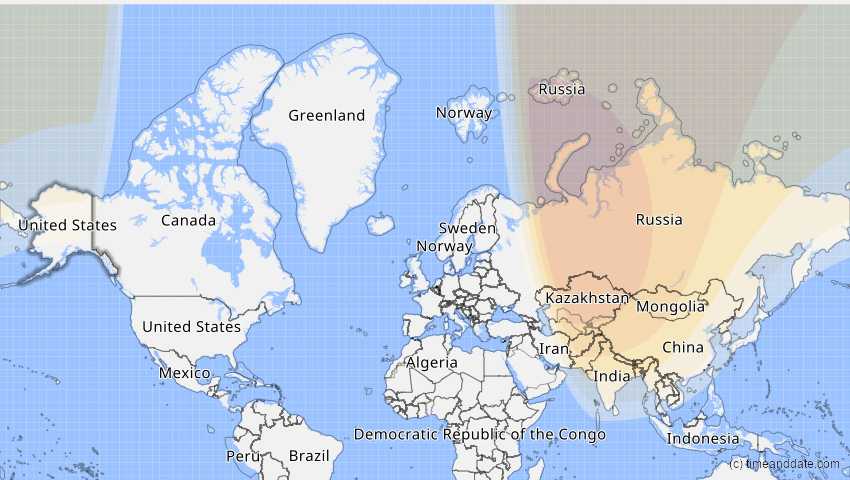 A map of Alaska, USA, showing the path of the 18. Mär 2007 Partielle Sonnenfinsternis