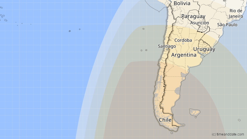 A map of Chile, showing the path of the 11. Sep 2007 Partielle Sonnenfinsternis