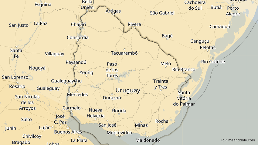 A map of Uruguay, showing the path of the 11. Sep 2007 Partielle Sonnenfinsternis