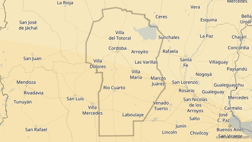 A map of Córdoba, Argentinien, showing the path of the 11. Sep 2007 Partielle Sonnenfinsternis
