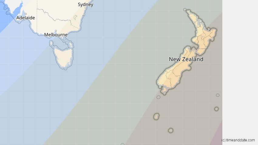 A map of Neuseeland, showing the path of the 7. Feb 2008 Ringförmige Sonnenfinsternis