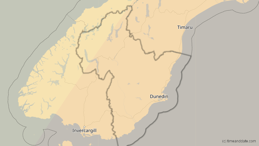 A map of Otago, Neuseeland, showing the path of the 7. Feb 2008 Ringförmige Sonnenfinsternis