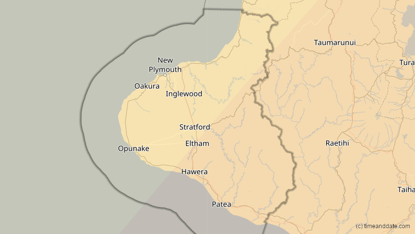 A map of Taranaki, Neuseeland, showing the path of the 7. Feb 2008 Ringförmige Sonnenfinsternis