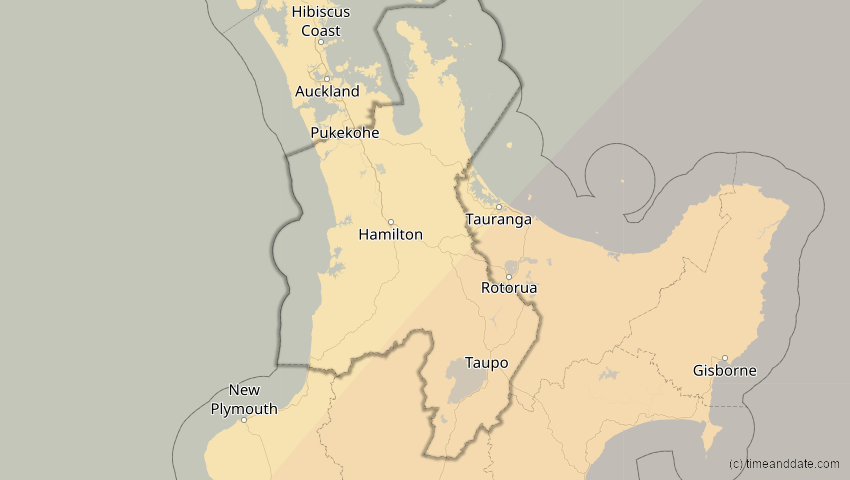 A map of Waikato, Neuseeland, showing the path of the 7. Feb 2008 Ringförmige Sonnenfinsternis