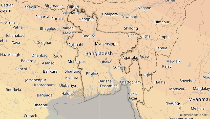 A map of Bangladesch, showing the path of the 1. Aug 2008 Totale Sonnenfinsternis
