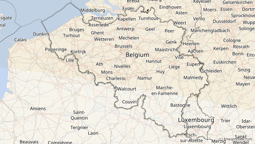 A map of Belgien, showing the path of the 1. Aug 2008 Totale Sonnenfinsternis