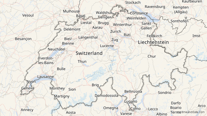 A map of Schweiz, showing the path of the 1. Aug 2008 Totale Sonnenfinsternis