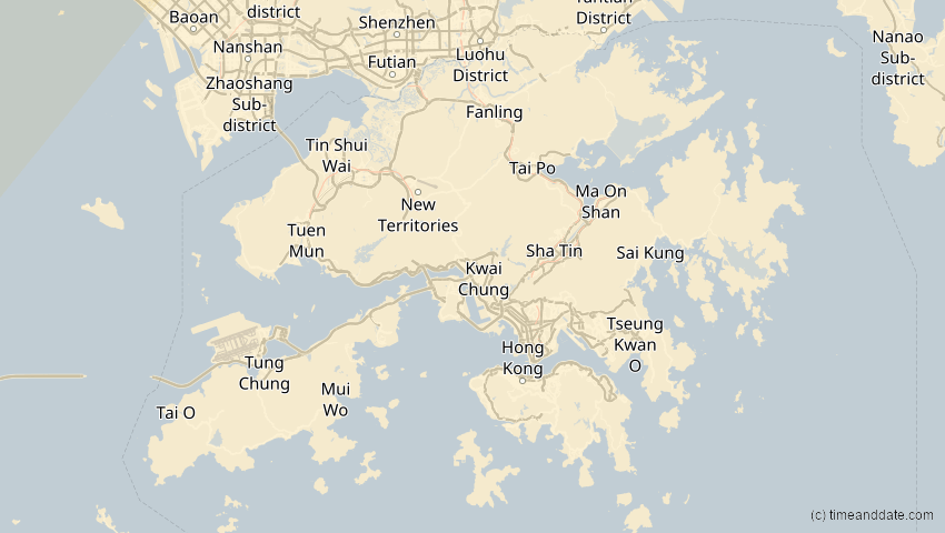 A map of Hongkong, showing the path of the 1. Aug 2008 Totale Sonnenfinsternis