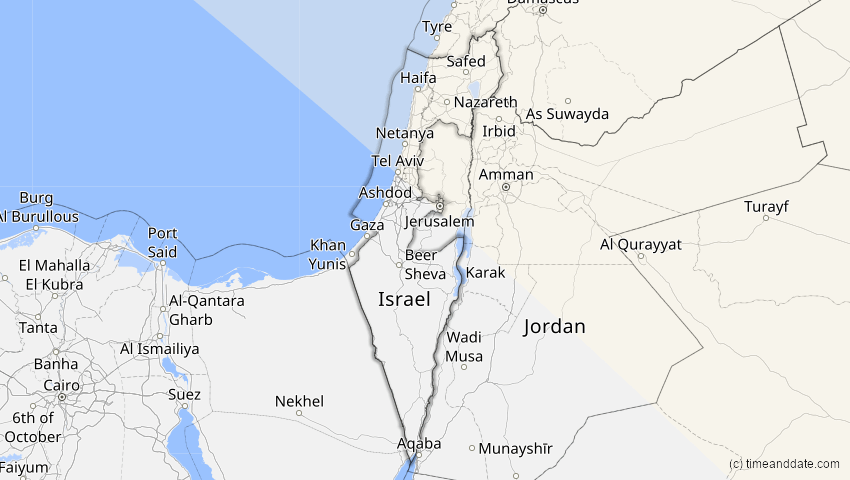 A map of Israel, showing the path of the 1. Aug 2008 Totale Sonnenfinsternis
