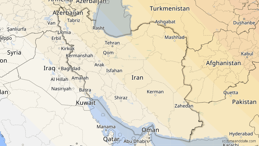 A map of Iran, showing the path of the 1. Aug 2008 Totale Sonnenfinsternis