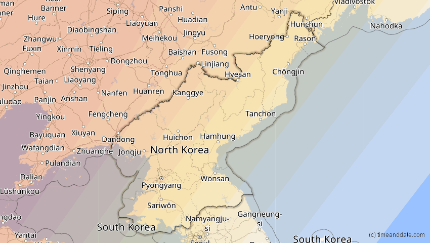 A map of Nordkorea, showing the path of the 1. Aug 2008 Totale Sonnenfinsternis