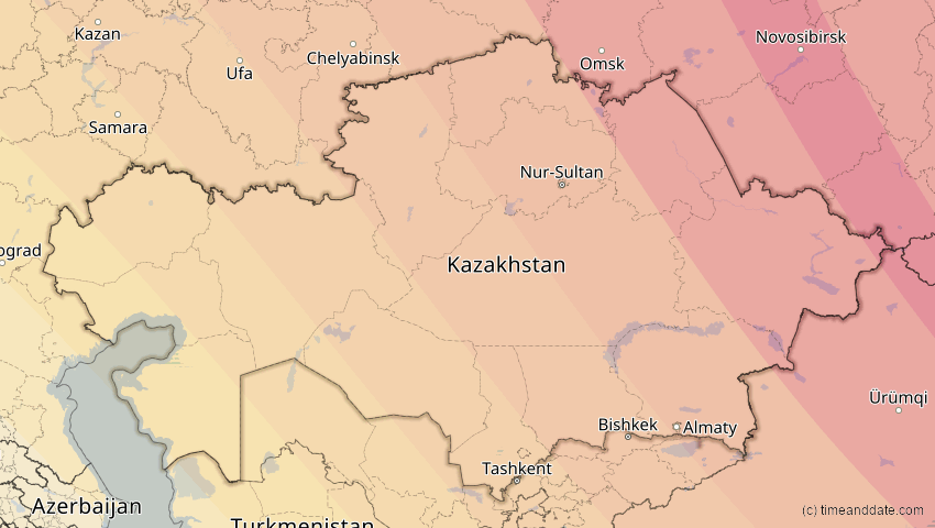 A map of Kasachstan, showing the path of the 1. Aug 2008 Totale Sonnenfinsternis