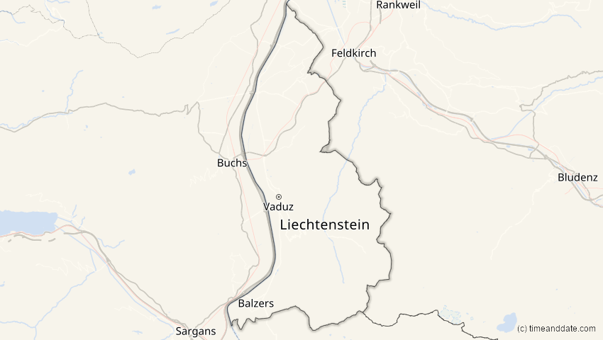 A map of Liechtenstein, showing the path of the 1. Aug 2008 Totale Sonnenfinsternis