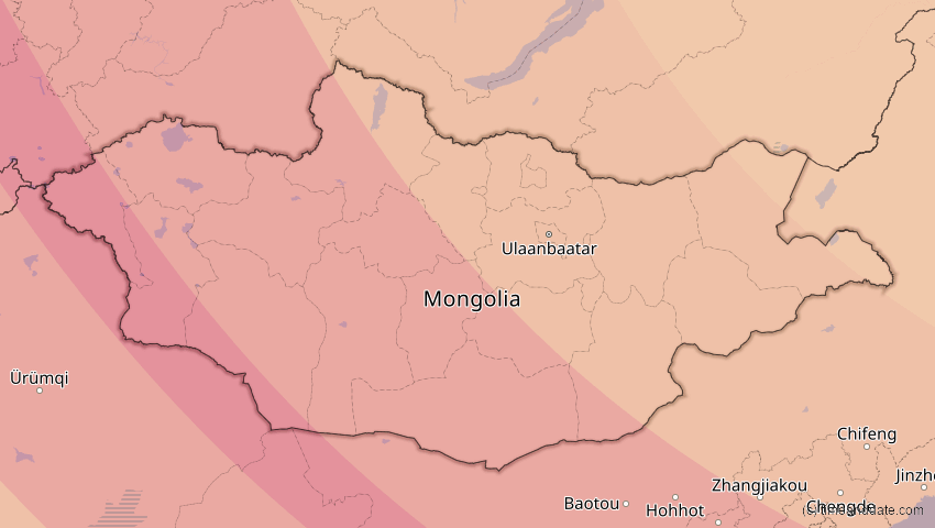 A map of Mongolei, showing the path of the 1. Aug 2008 Totale Sonnenfinsternis