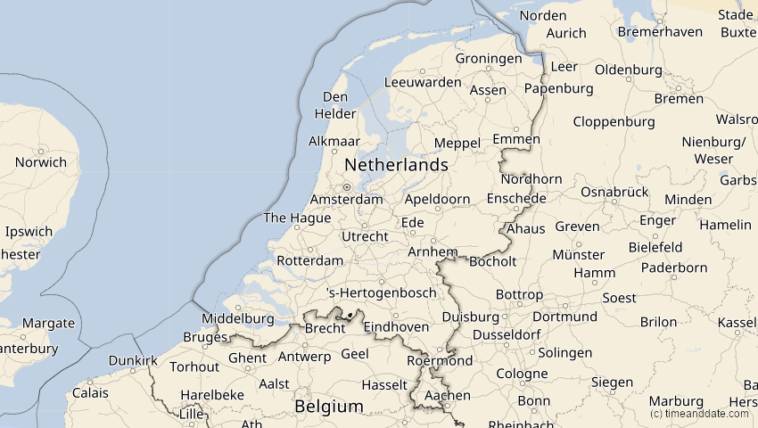A map of Niederlande, showing the path of the 1. Aug 2008 Totale Sonnenfinsternis