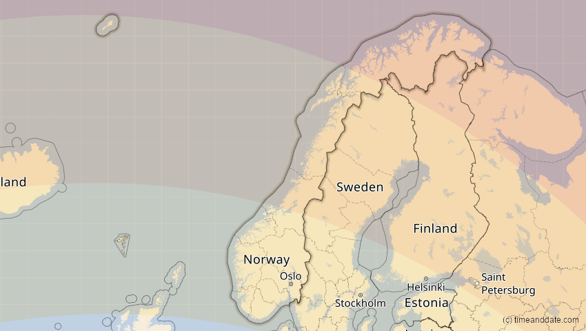 A map of Norwegen, showing the path of the 1. Aug 2008 Totale Sonnenfinsternis