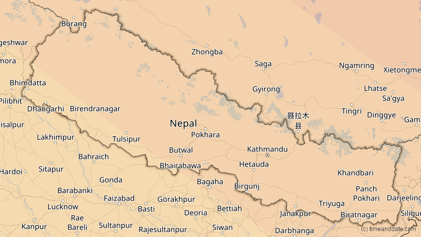 A map of Nepal, showing the path of the 1. Aug 2008 Totale Sonnenfinsternis