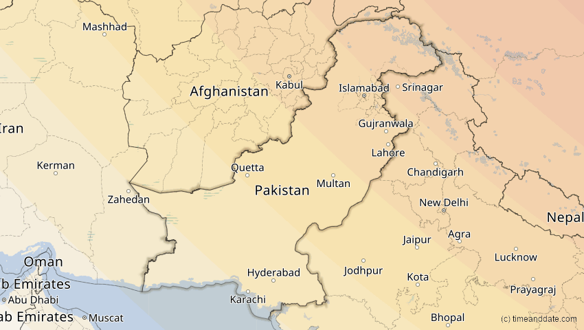 A map of Pakistan, showing the path of the 1. Aug 2008 Totale Sonnenfinsternis