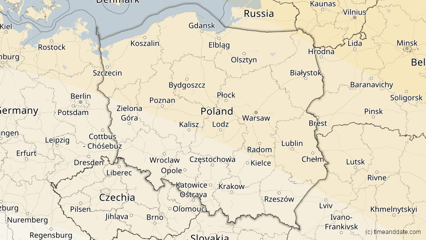 A map of Polen, showing the path of the 1. Aug 2008 Totale Sonnenfinsternis