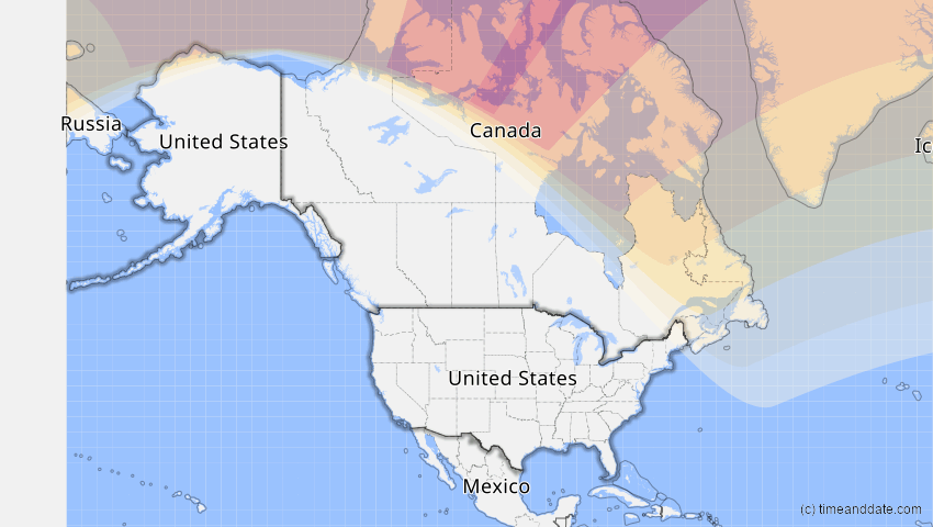 A map of USA, showing the path of the 1. Aug 2008 Totale Sonnenfinsternis