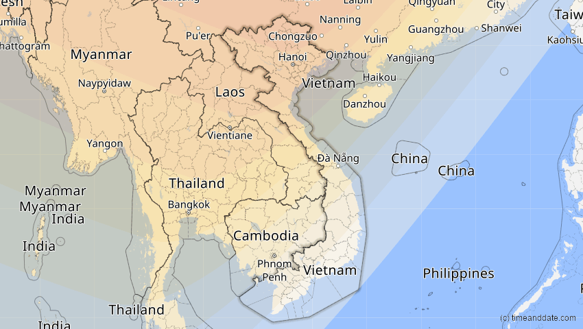 A map of Vietnam, showing the path of the 1. Aug 2008 Totale Sonnenfinsternis
