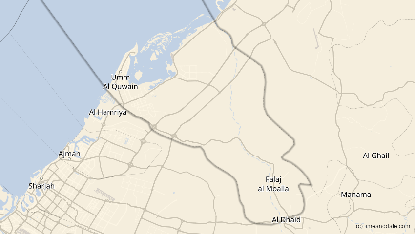 A map of Umm al-Qaiwain, Vereinigte Arabische Emirate, showing the path of the 1. Aug 2008 Totale Sonnenfinsternis