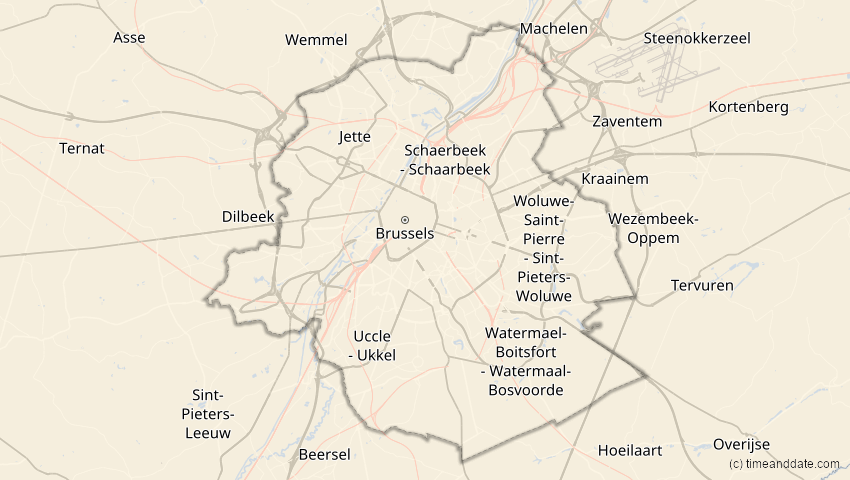 A map of Brüssel, Belgien, showing the path of the 1. Aug 2008 Totale Sonnenfinsternis