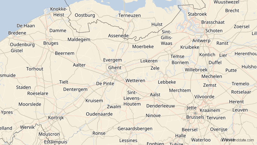 A map of Ostflandern, Belgien, showing the path of the 1. Aug 2008 Totale Sonnenfinsternis