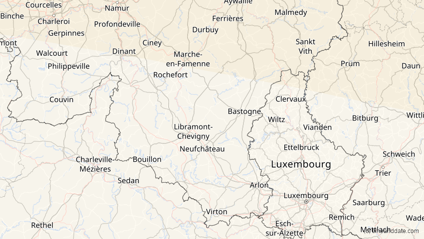 A map of Luxemburg, Belgien, showing the path of the 1. Aug 2008 Totale Sonnenfinsternis