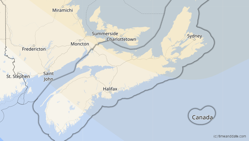 A map of Nova Scotia, Kanada, showing the path of the 1. Aug 2008 Totale Sonnenfinsternis