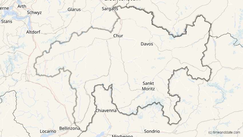 A map of Graubünden, Schweiz, showing the path of the 1. Aug 2008 Totale Sonnenfinsternis